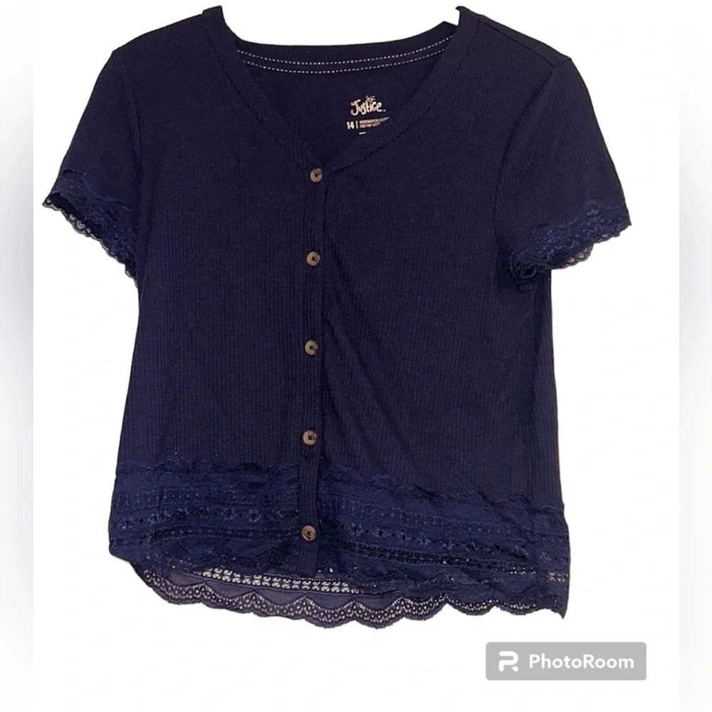 Justice navy‎ blue lace trim size 14 v neck button front top lightweight spring